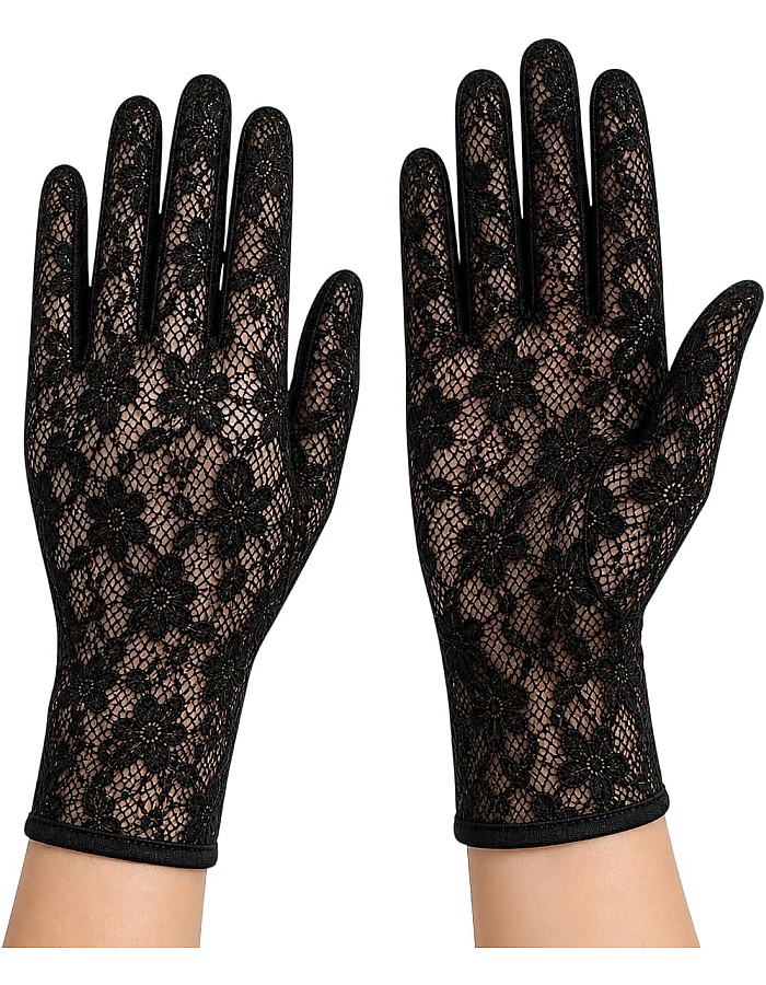 Women's Black Lace Gloves, Floral Pattern, Sheer, Elegant Evening Style, Formal Occasion