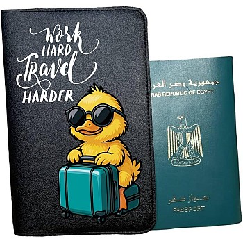 Passport cover- Artificial leather- Black- One sided printing-English quote-Work hard travel harder, We print your gift
