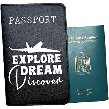 Passport cover- Artificial leather- Black- One sided printing-English quote design- Explore, dream- We print your gift
