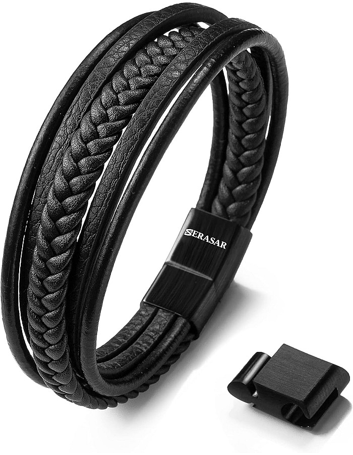 SERASAR Men's Leather Bracelet - Black/Brown with Stainless Steel Magnetic Clasp, Adjustable Bracelet for Men and Teenagers, Jewellery Accessories for Men, Gift Idea for Husband, Boyfriend, Father