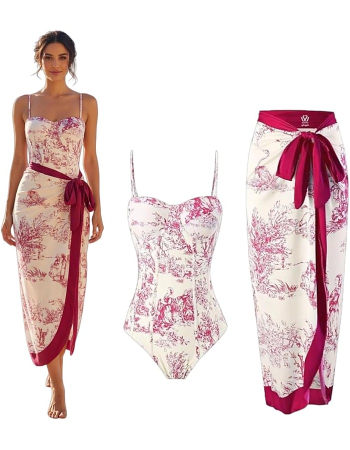 Showday European American Women's Bikini Bathing Suit Women's One Piece Swimsuit with Beach Cover up Wrap Skirt Floral Tummy Control Tankini Set 2 Piece Swimsuit Outfits