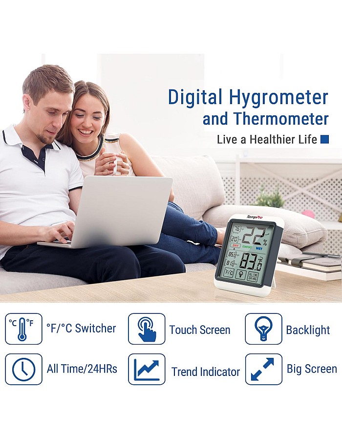 ThermoPro TP55 Digital Hygrometer Indoor Thermometer Humidity Gauge with Jumbo Touchscreen and Backlight Temperature Humidity Monitor