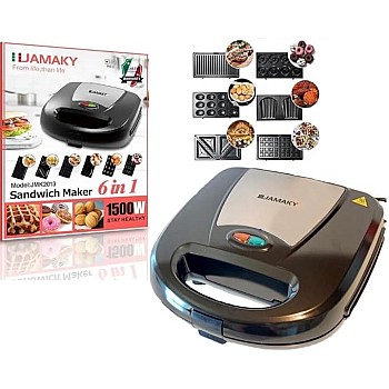 Jamaki 6 in 1 Sandwich Maker Waffle Maker 1500W Non-Stick Coating Machine Buckle Easy to Use and Clean Versatile for Waffles Sandwich Donut Walnut-jmk2013