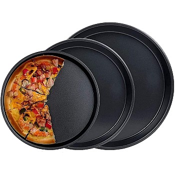 Ishvanku Carbon Steel Pizza Baking Pan - Set of 3Carbon Steel Pizza Pan Tray for Baking in Microwave Oven Non Stick Set of 3 Black (20-23 - 25 cm