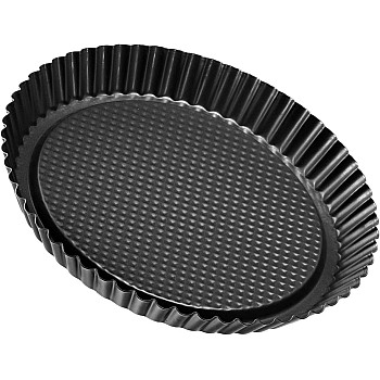 Non-stick Fluted Tart and Pizza Pan, Black, Heavy-gauge Carbon Steel, Textured Base for Even Baking (22 cm)