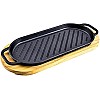 Cast Iron Grill Pan with Wooden Base, Pre-Seasoned Griddle Plate, Black, Kitchen Cookware,Cast Iron Grill Pan Non-Stick