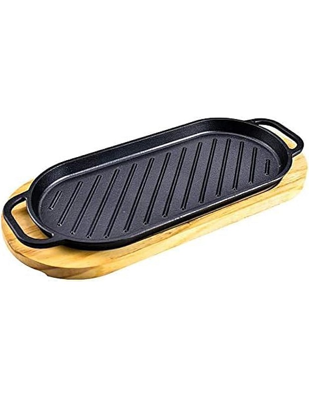 Cast Iron Grill Pan with Wooden Base, Pre-Seasoned Griddle Plate, Black, Kitchen Cookware,Cast Iron Grill Pan Non-Stick