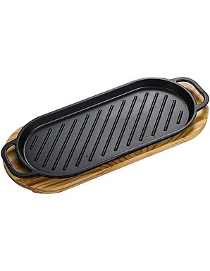 Cast Iron Grill Pan with Wooden Base, Pre-Seasoned Griddle Plate, Black, Kitchen Cookware,Cast Iron Grill Pan Non-Stick
