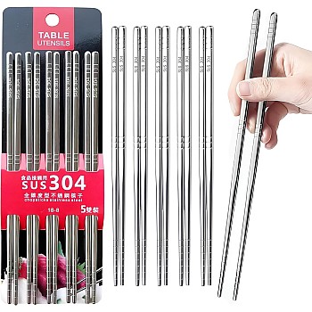 304 Stainless Steel Chopsticks Set - Reusable Metal Chopsticks, 23cm Length, Dishwasher Safe, Includes 5 Pairs for Everyday Eating and Eco-Friendly Meals.