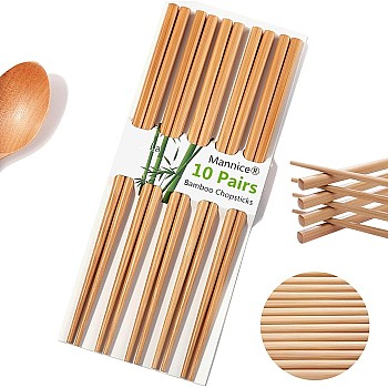 Mannice Reusable Chopsticks Chinese Natural Long Lightweight Wood Eating Cooking-10 Pairs Gift Sets Dishwasher, Bamboo Color