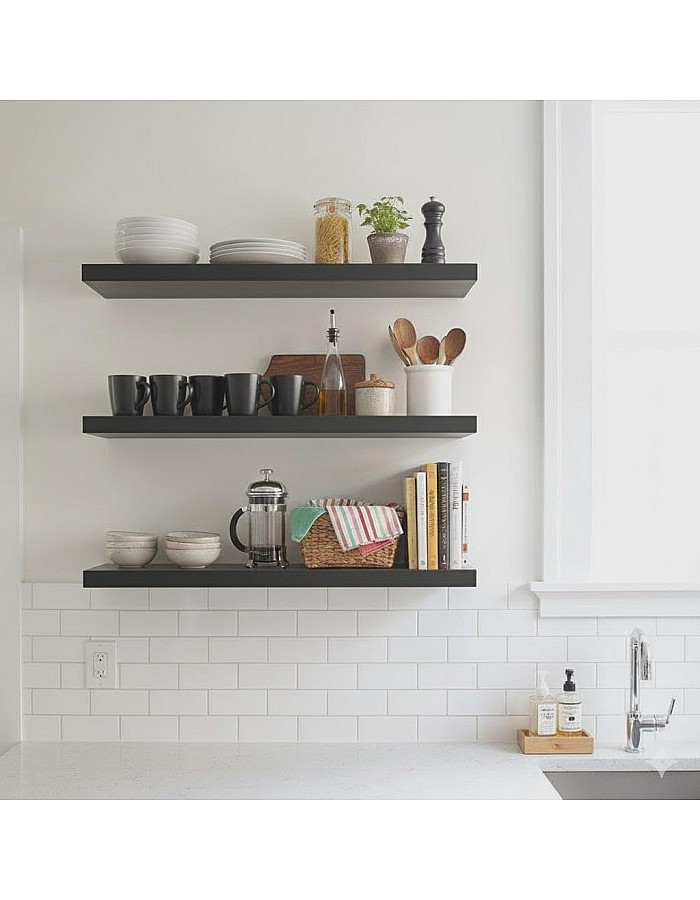 رفوف حائط خشبية MDF، تصميم عصري، مقاومة للماء والخدوش، 50×15 سم، 3 قطع، مع مستلزمات التثبيت، للمطبخ وغرف النوم والمكتب (أسود)