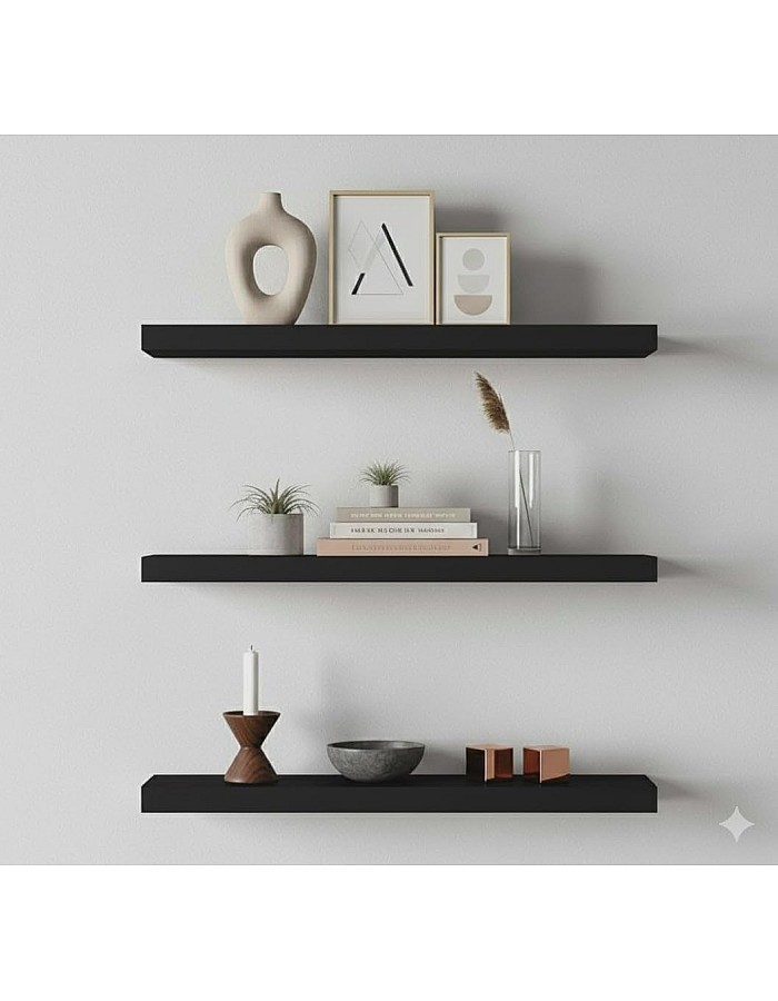 رفوف حائط خشبية MDF، تصميم عصري، مقاومة للماء والخدوش، 50×15 سم، 3 قطع، مع مستلزمات التثبيت، للمطبخ وغرف النوم والمكتب (أسود)