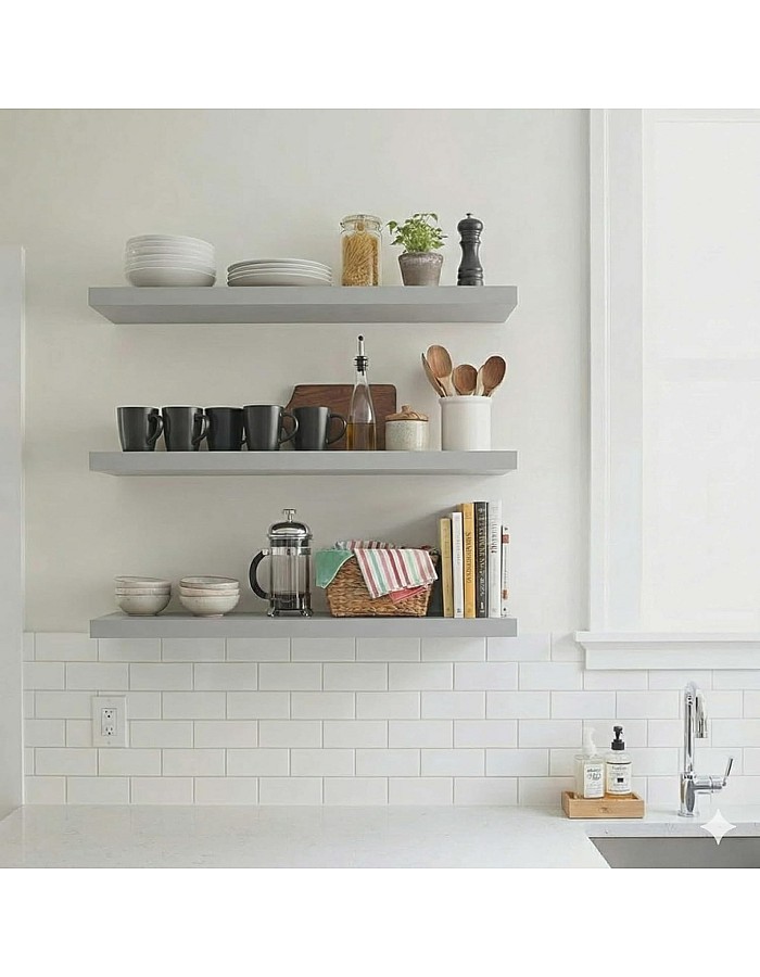 رفوف حائط خشبية MDF، تصميم عصري، مقاومة للماء والخدوش، 50×15 سم، 3 قطع، مع مستلزمات التثبيت، للمطبخ وغرف النوم والمكتب (رمادي)