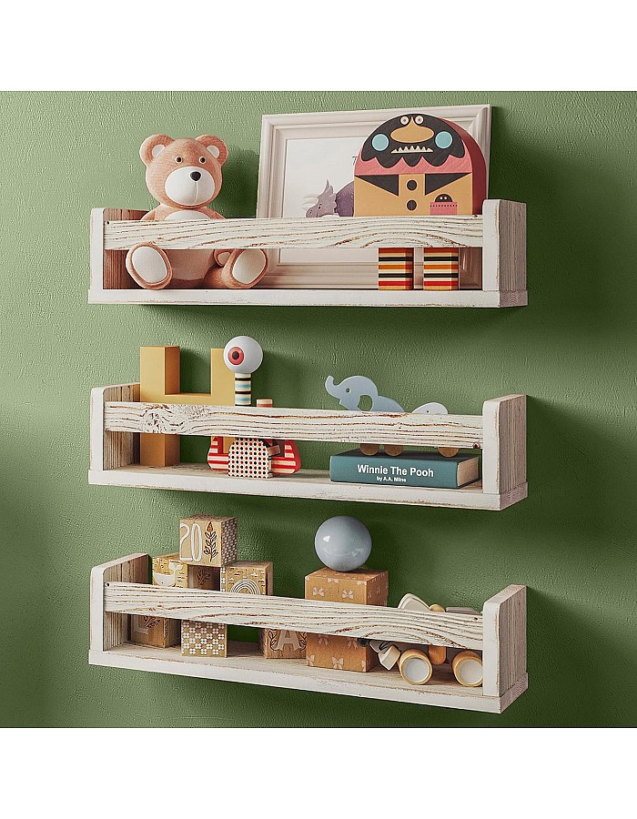 NATURE SUPPLIES Set of 3, 16.4 inch Nursery Book Shelves Made of Solid Wood for Books, Toys, Decor, Wall Kids Bookshelf, Floating Shelf, Ideal Storage for Nursery or Playroom Organization,Whitewashed