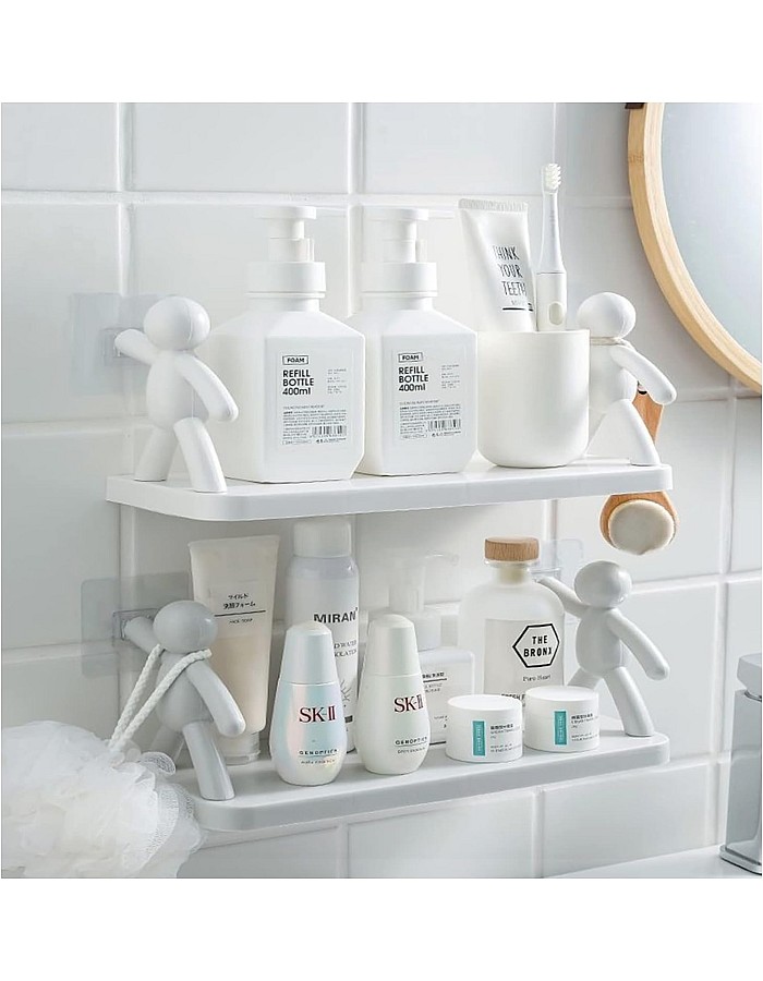 Qiikoea White Floating Shelves Humanoid Design Wall Mounted Bathroom Shelves No Drilling Waterproof Shower Organizer for Inside Shower Kitchen Storage, 2 Pack