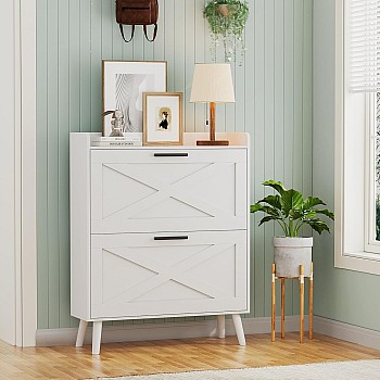 Homleke Farmhouse Shoe Storage Cabinet with 2 Flip Drawers and Barn Door Design, Adjustable Shelves, Modern Hidden Slim Narrow Shoe Rack Cabinet for Entryway, Foyer, Hallway, Living Room, White