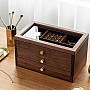 Three-Tier Natural Wood Accessory Box with Clear Lid and Metal Handle for Jewelry Organization