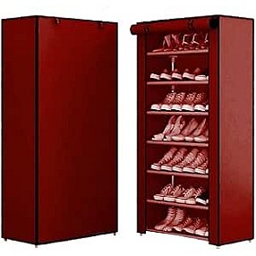 Portable Shoe Storage Cabinet, 7-Tier Organiser with Cover, Non-Woven Fabric, Maroon