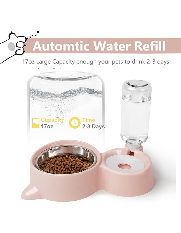 Dog Bowls, Puppy Cat Food and Water Bowl Set with Water Dispenser and Stainless Steel Bowl Detachable Gravity Pet Feeder and Waterer Set for Cats Dogs Puppy Rabbit (Pink)