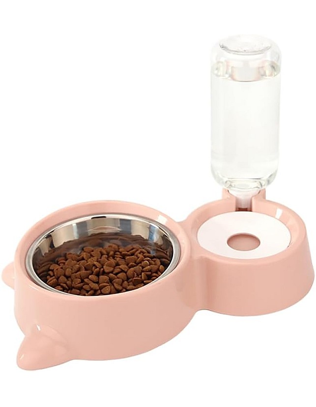 Dog Bowls, Puppy Cat Food and Water Bowl Set with Water Dispenser and Stainless Steel Bowl Detachable Gravity Pet Feeder and Waterer Set for Cats Dogs Puppy Rabbit (Pink)