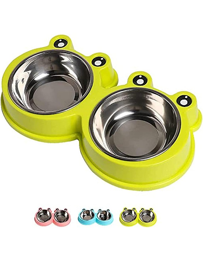 NA/Double Dog Cat Bowls Premium Stainless Steel Pet Bowls with No-Slip Stainless Steel Cute Modeling Pet Food Water for Feeder Dogs Cats Rabbit and Pets (Green)