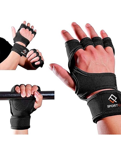 SportQ Padded Training Gloves with Silicone Support for Weight Lifting Gym Workout Half Finger Protection Strong Grip for Men and Women
