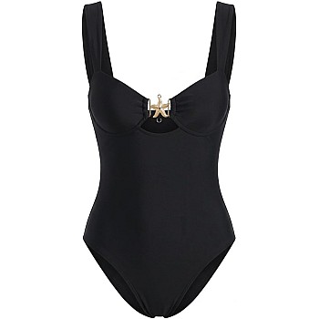 Swim 1pc Women's One-Piece Swimsuit With Starfish Decor, Thick Strap, Chest Hollow-Out Design, Square Neck, Casual Comfortable Beachwear, Black For Summer Beach Vacation Black - size