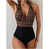 Swim Lushoire Women's Vacation Geometric Print Plunging Neck One-Piece Swimsuit For Summer Multicolour - size