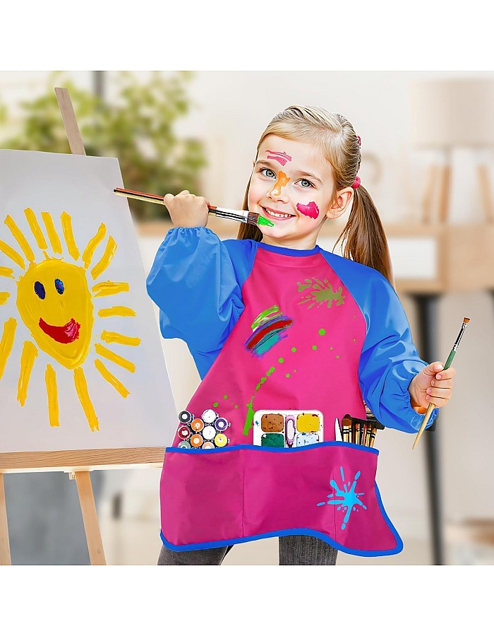 مريلة رسم فنية للأطفال الصغار من مامو بير، بتصميم مقاوم للماء وأكمام طويلة و3 جيوب للتلوين والطبخ والأكل والفنون والحرف، للأطفال من سن 3 إ