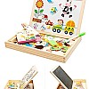 KIDSZONE Magnetic Wooden Drawing Board & Puzzle Toy for Kids – Double-Sided Whiteboard & Blackboard with Colorful Magnetic Shapes, Markers & Eraser | Educational Montessori Toy for Boys & Girls