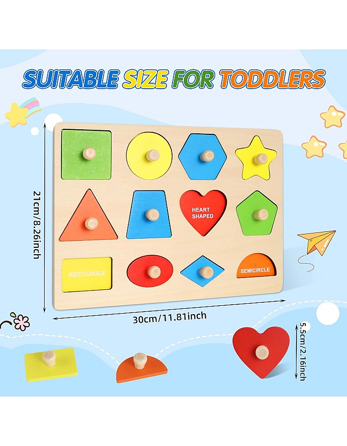 Wooden Puzzle from 2 Years, Geometric Wooden Puzzle with Knob, Baby Toy, Colours Shapes, Educational Toy, Montessori Toy, Plug-in Puzzle Board for Baby, Toddlers, Children, Learning Toy