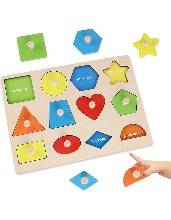 Wooden Puzzle from 2 Years, Geometric Wooden Puzzle with Knob, Baby Toy, Colours Shapes, Educational Toy, Montessori Toy, Plug-in Puzzle Board for Baby, Toddlers, Children, Learning Toy