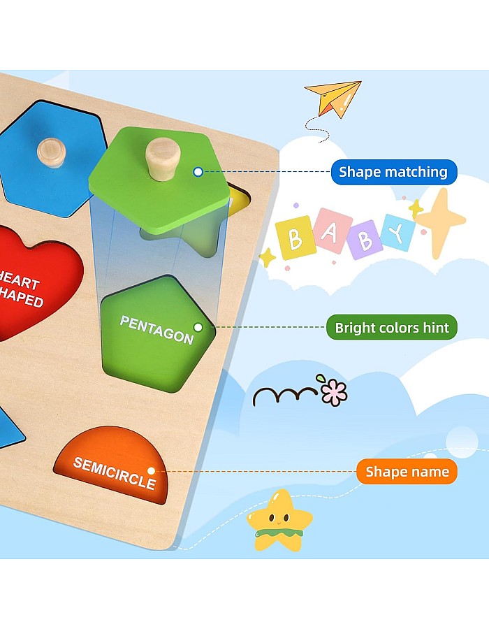 Wooden Puzzle from 2 Years, Geometric Wooden Puzzle with Knob, Baby Toy, Colours Shapes, Educational Toy, Montessori Toy, Plug-in Puzzle Board for Baby, Toddlers, Children, Learning Toy