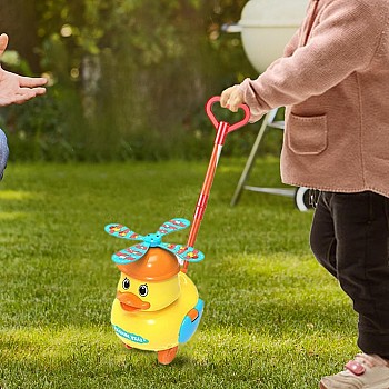 Dingling Bell, Adjustable Handle, Duck Push Toy with Sound, Colorful Propeller, Yellow