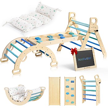 Pikler Triangle Set Sky Blue Pikler Climbing Set for Toddlers, Foldable Baby Climbing Toys, Wooden Montessori Climbing Set for 2-6 Years Old, Indoor Playground Jungle Gym for Kids