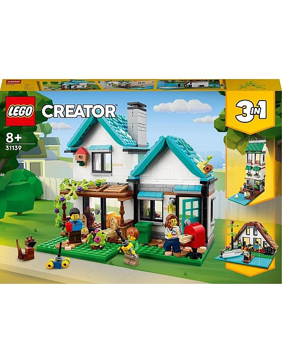 مجموعة المنزل المريح 31139 من LEGO® Creator، يتميز بوجود منزل العائلة ومنزل القناة ومنزل البحيرة؛ نماذج إبداعية لإلهام لعب الأدوار للأطفال الذي