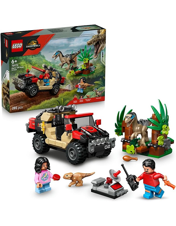 LEGO Jurassic World Raptor Off-Road Escape Dinosaur Toy - incl. 2 Dino Figures, Off-Road Car Toy & 2 Minifigures - Gift for 6+ Year Old Boys, Girls & Rebirth Movie Fans - 76972