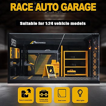 1/24 Garage Scene Model,Car Display Case Diecast Diorama Garage Miniature Scene Parking Lot PVC Assembly with Light Parking Space Model Display Frame Toy Display Box