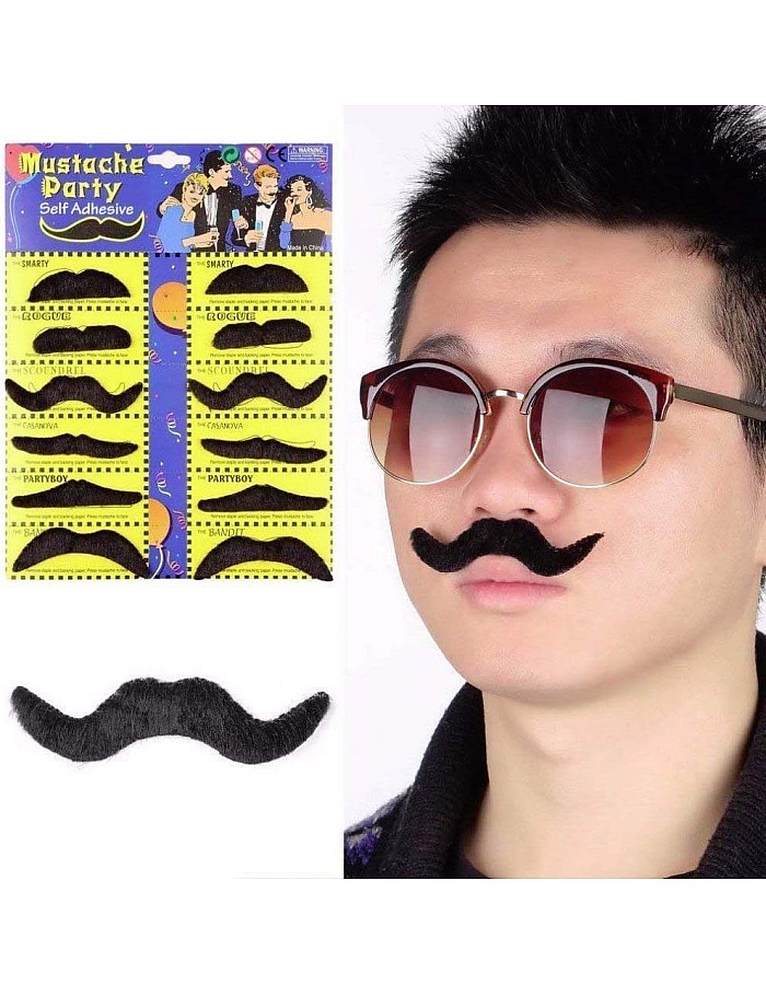 Wonka Jamboree 12 PCS Self Adhesive Fake Mustache - Premium Novelty Mustache for Kids Adult, Birthday and Hawaiian Costume (Mustache) (Black)