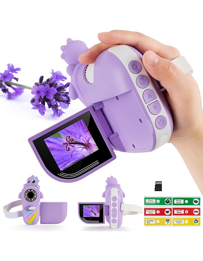 Dino Kids Microscope, 1000X Portable Microscope for Kids, Mini Digital Microscope with 2" Screen, Educational Science Kit Birthday Gifts, Age 4-12, 32GB TF Card Included (Violet)