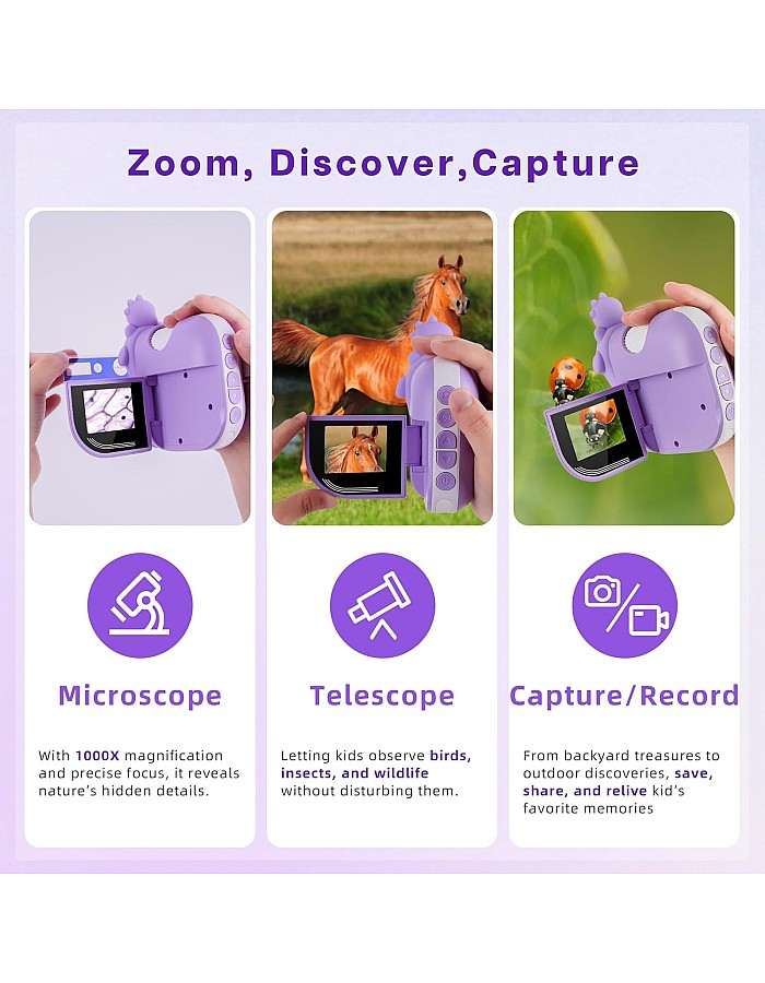 Dino Kids Microscope, 1000X Portable Microscope for Kids, Mini Digital Microscope with 2" Screen, Educational Science Kit Birthday Gifts, Age 4-12, 32GB TF Card Included (Violet)