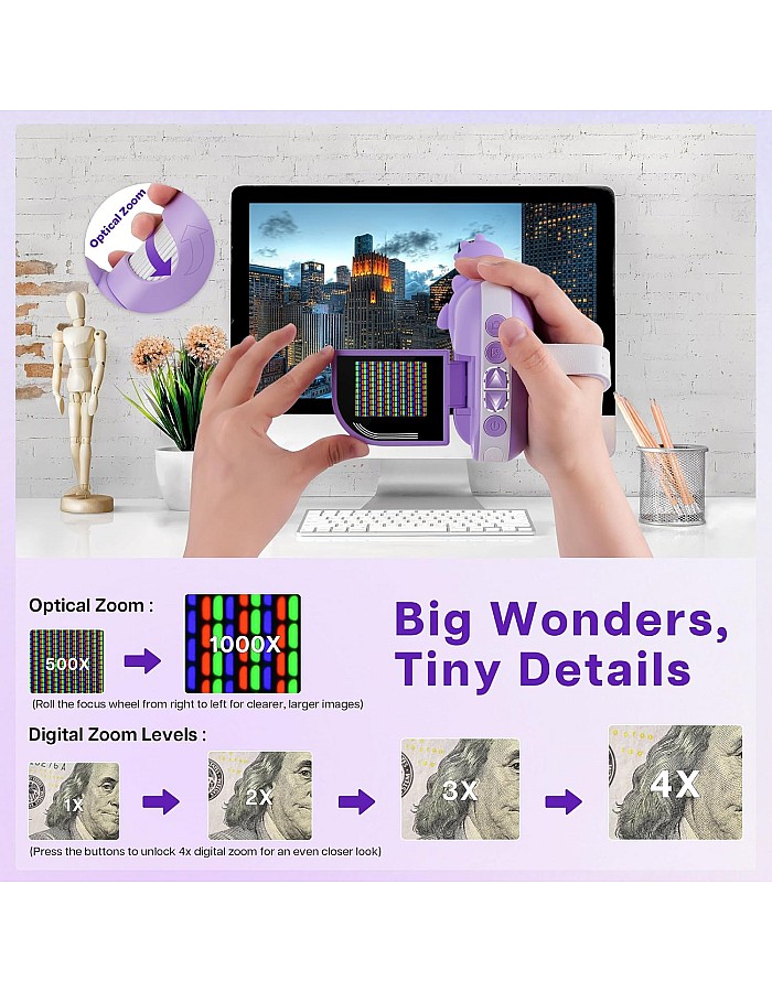Dino Kids Microscope, 1000X Portable Microscope for Kids, Mini Digital Microscope with 2" Screen, Educational Science Kit Birthday Gifts, Age 4-12, 32GB TF Card Included (Violet)