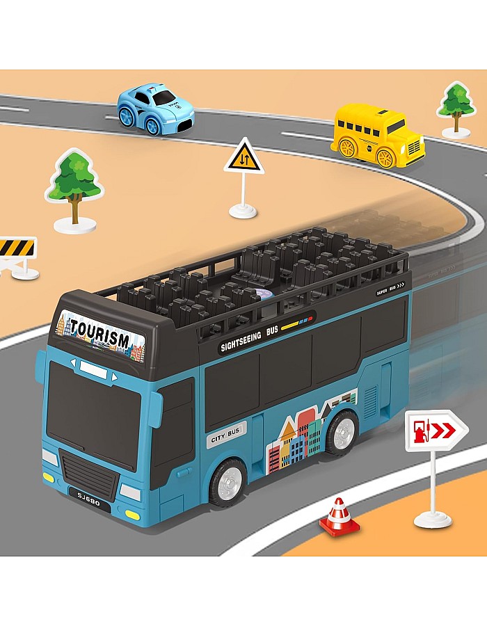 Dwi Dowellin Bus Toy with Sound Light for Kids, Simulation Steering Wheel Pull Buses,Construction Car Toys for Toddlers 4-8 Years Double-Decker Sightseeing Bus Gift for Age 3 4 5