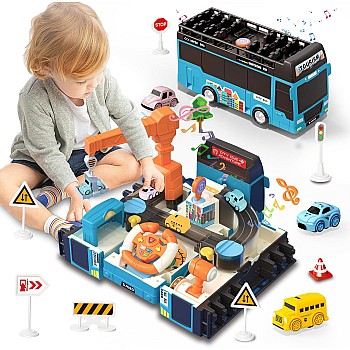 Dwi Dowellin Bus Toy with Sound Light for Kids, Simulation Steering Wheel Pull Buses,Construction Car Toys for Toddlers 4-8 Years Double-Decker Sightseeing Bus Gift for Age 3 4 5