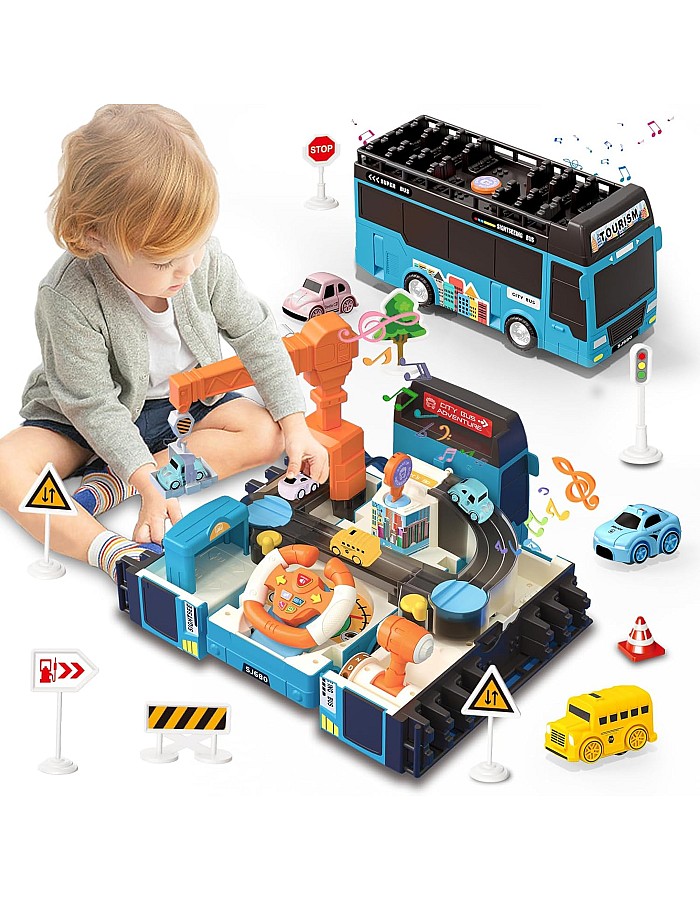 Dwi Dowellin Bus Toy with Sound Light for Kids, Simulation Steering Wheel Pull Buses,Construction Car Toys for Toddlers 4-8 Years Double-Decker Sightseeing Bus Gift for Age 3 4 5