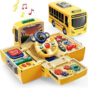 Geyiie School Bus Toys, Bus Toys with Sounds and Lights, Push Pull Toy Transforming Cars, Steering Wheel Driving Toys for Preschool Pretend Play Car Toys Party Gifts for Toddler Boys Girls 3-5