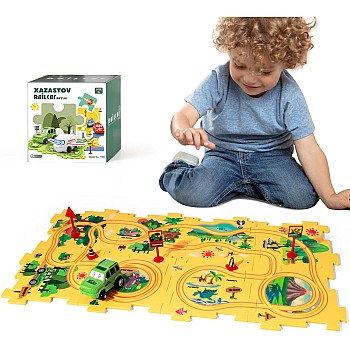 Dinosaur Puzzle Racer Kids Car Track Set, Plastic Puzzles for Kids Ages 3-5 with Vehicles, Railcar Puzzle, Car Tracks for Toddlers, Toys Gifts for 2 3 4 5 6 Year Old Boys, Montessori Toys