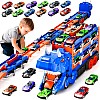 TOYS LAND Transport Truck Toy for Kids, Dinosaur Car Carrier Truck with 157 cm Foldable Race Track & 12 Die-Cast Cars, Birthday Gift for Toddlers Boys and Girls Aged 3-8 (Blue)
