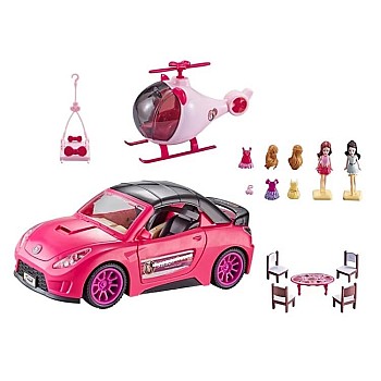 Fashion Fever Girls' Pink Toy Playset with Sports Car, Helicopter, Mini Dolls, Furniture Accessories
