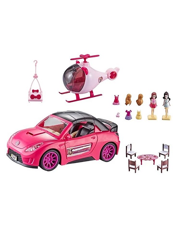 Fashion Fever Girls' Pink Toy Playset with Sports Car, Helicopter, Mini Dolls, Furniture Accessories
